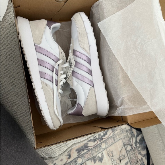 adidas Shoes - adidas White Sneakers with Lilac Metallic Stripes